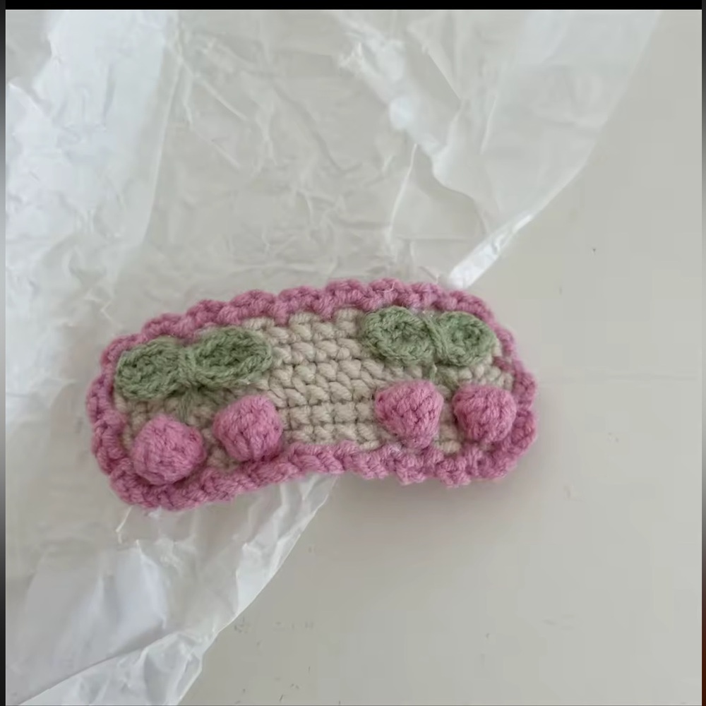Handcrafted Crochet Hair-Clip, Cream with Pink Cherries: Two on Card